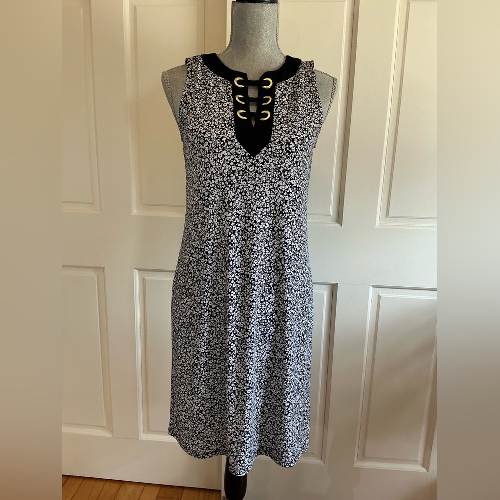 Michael Kors Black and White Floral Sleeveless Dress with Grommet Detail